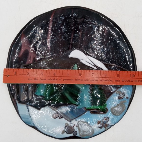 Mountain Landscape Fused Glass Art Winter Snow Tree Forest OOAK Round Plaque - Picture 2 of 11